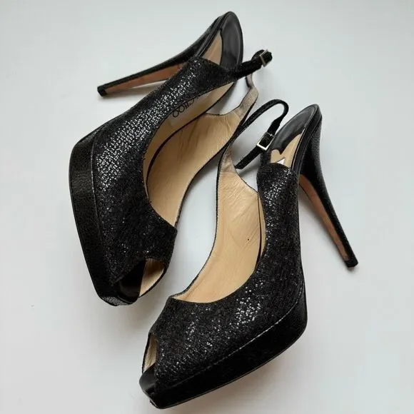 Jimmy Choo Black Nova Party Glitter Slingback Peep Toe Pump Holiday size 9 39.5
